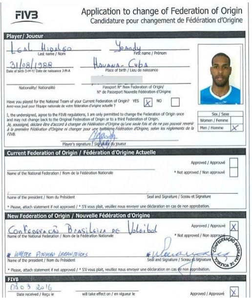 Figura 2.Cópia do formulário incompleto enviado pela Federação cubana de voleibol à FIVB
