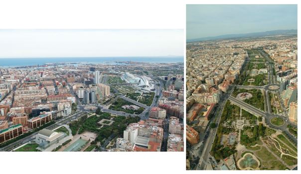 Figura 1. Vista aérea de parte do Jardim do Turia e da cidade de Valência