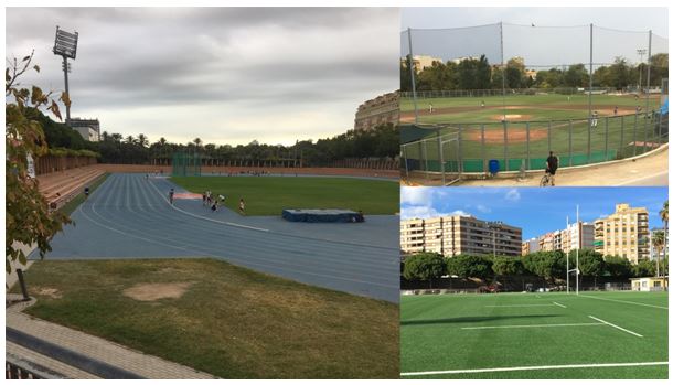 Figura 7. No sentido horário, Estádio do Turia, específico para a prática do atletismo. Club de Béisbol Astros, instalado dentro do Jardim do Turia, e Campo de Rúgbi