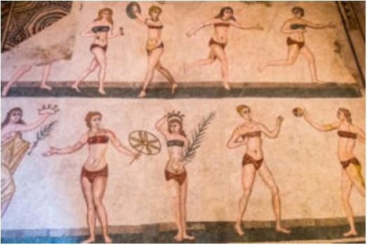Figura 2. Mosaico de la Villa Romana del Casale, que muestra a mujeres haciendo deporte en la Antigua Roma