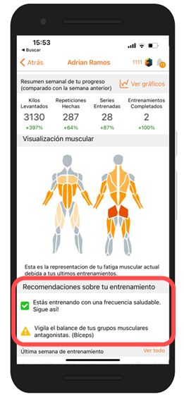 Imagen 3. Gemelo Digital (Digital Twin) representando el grado de fatiga por grupo muscular en tiempo real y las alertas para la prevención de lesiones