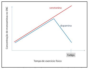 Figura 1. Esquema demonstrando a relação entre serotonina e dopamina ao longo do exercício física até a fadiga