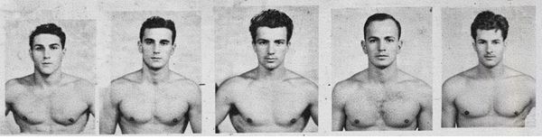 Figura 4. Nadadores participantes en el campeonato de natación de 1943. De izquierda a derecha: Fernando Arguedas, Manuel E. Herrero, Rodrigo Sotela, Mario Vargas y Rafael Sotela hijo