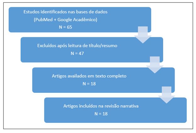Figura 1. Fluxograma do processo de identificação, triagem e inclusão dos estudos na revisão narrativa (PubMed + Google Acadêmico; N inicial = 65; estudos finais incluídos = 18). Mecanismos Fisiológicos da Termorregulação Durante o Exercício