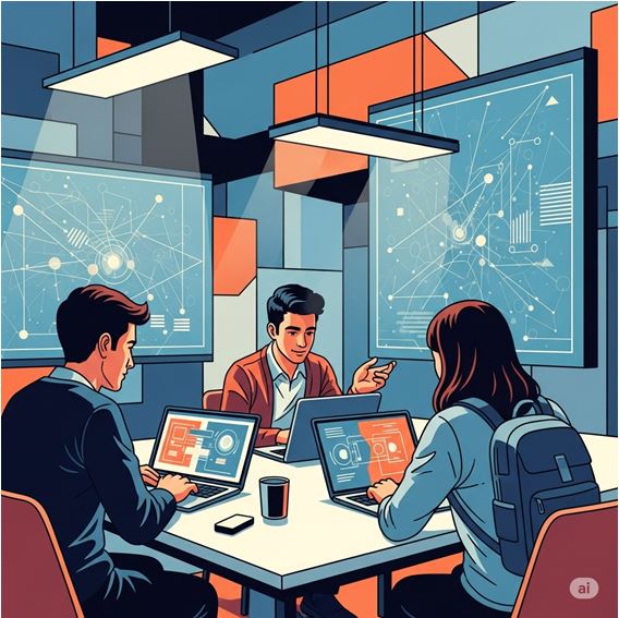 Figura 1. Jóvenes estudiando con laptops en un espacio colaborativo de aprendizaje digital
