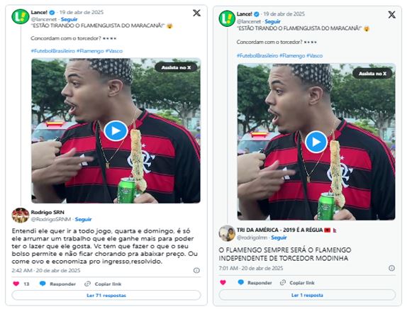Figura 1. ‘Só quem perde é o Flamengo’: discurso de torcedor viraliza e divide opiniões. Torcedores estão deixando de comparecer no estádio pelo aumento dos ingressos