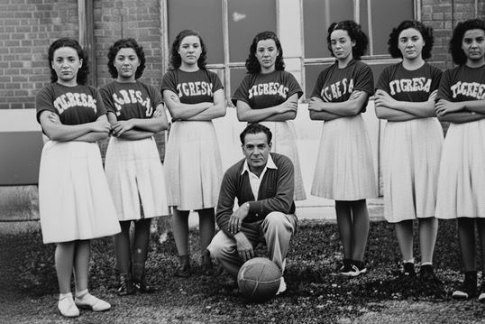 Figura 2. El equipo de las Tigresas. De pie en el orden usual: Leticia Espinosa, Celia María Espinosa Marenco, Socorro “Coco” Solís, Ada Buitrago, Elba Sequeira, Carmencita Mena de Espinosa, presidenta del equipo y Susanita Espinosa. Hincado el Dr. Juan José Morales, director de prácticas