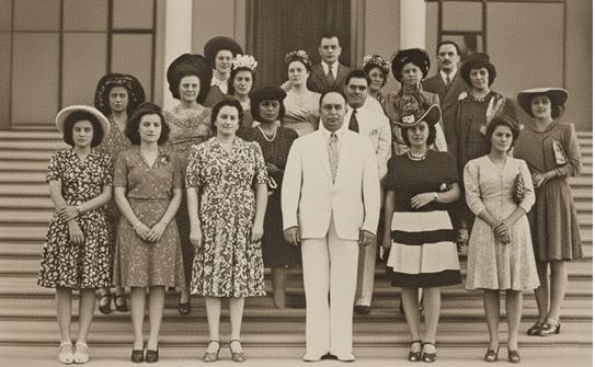 Figura 6. El presidente Gral. Anastasio Somoza García y su esposa doña Salvadora Debayle con las basquetbolistas que compitieron en Panamá