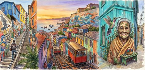 Figura 1. Valparaíso: un lienzo vertical donde los ascensores históricos y el arte urbano se funden con el vibrante colorido de sus cerros