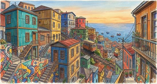 Figura 2. Arquitectura de zinc y color: las emblemáticas casas de los cerros de Valparaíso asomándose al horizonte del Pacífico