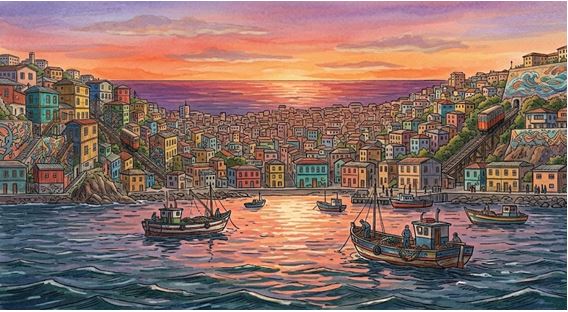 Figura 3. Atardecer en la bahía: el anfiteatro natural de Valparaíso se ilumina mientras las barcas descansan sobre las aguas del Pacífico