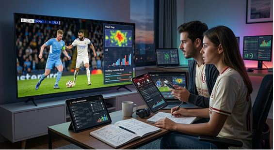 Figura 1. Una pareja de aficionados analiza el fútbol combinando estadística avanzada, mapas de calor y datos en tiempo real