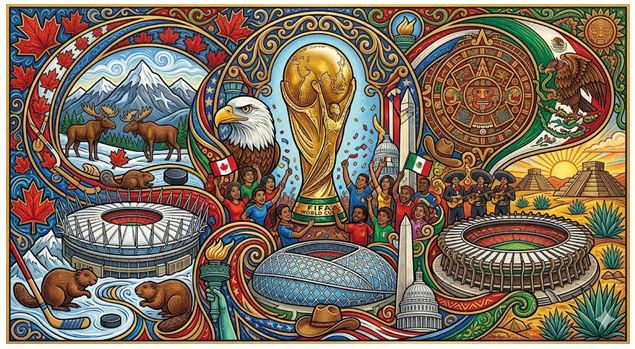 Figura 1. La Copa Mundial de la FIFA fusiona el emblemático trofeo dorado con la diversidad cultural, estadios modernos y símbolos icónicos de Canadá, Estados Unidos y México