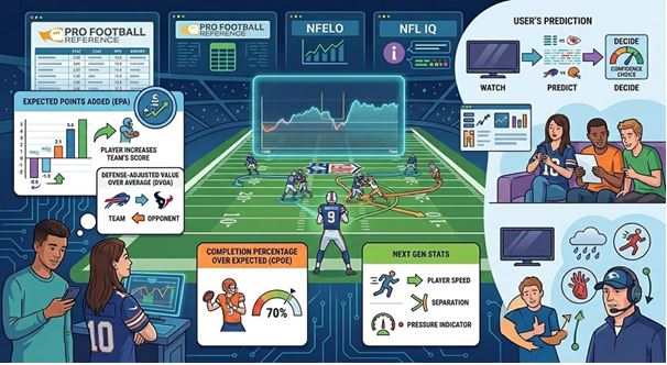 Figure 1. A detailed infographic illustrating advanced NFL analytics and how fans use data and tools like Pro Football Reference to make informed predictions